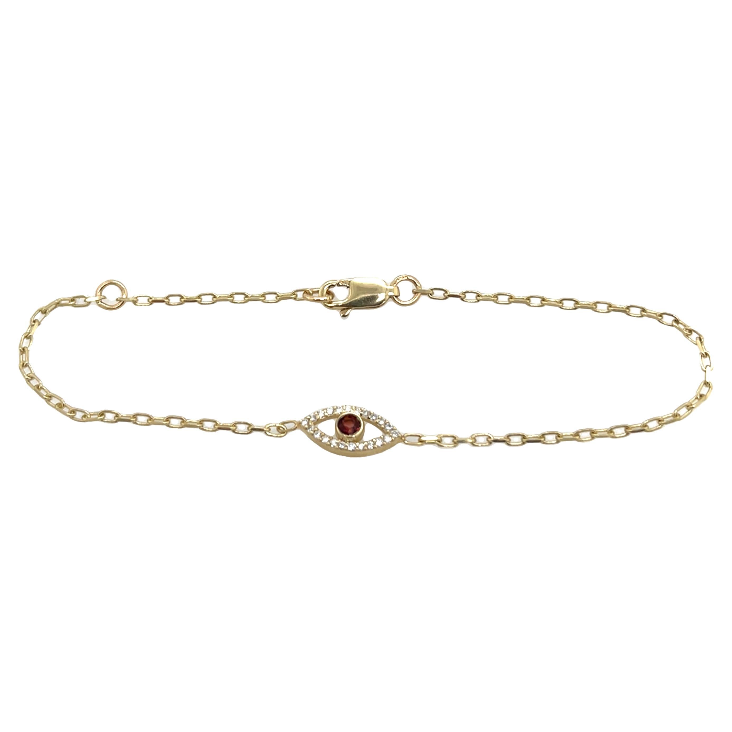9ct Yellow Gold Garnet Set Evil Eye Bracelet, January Birthstone