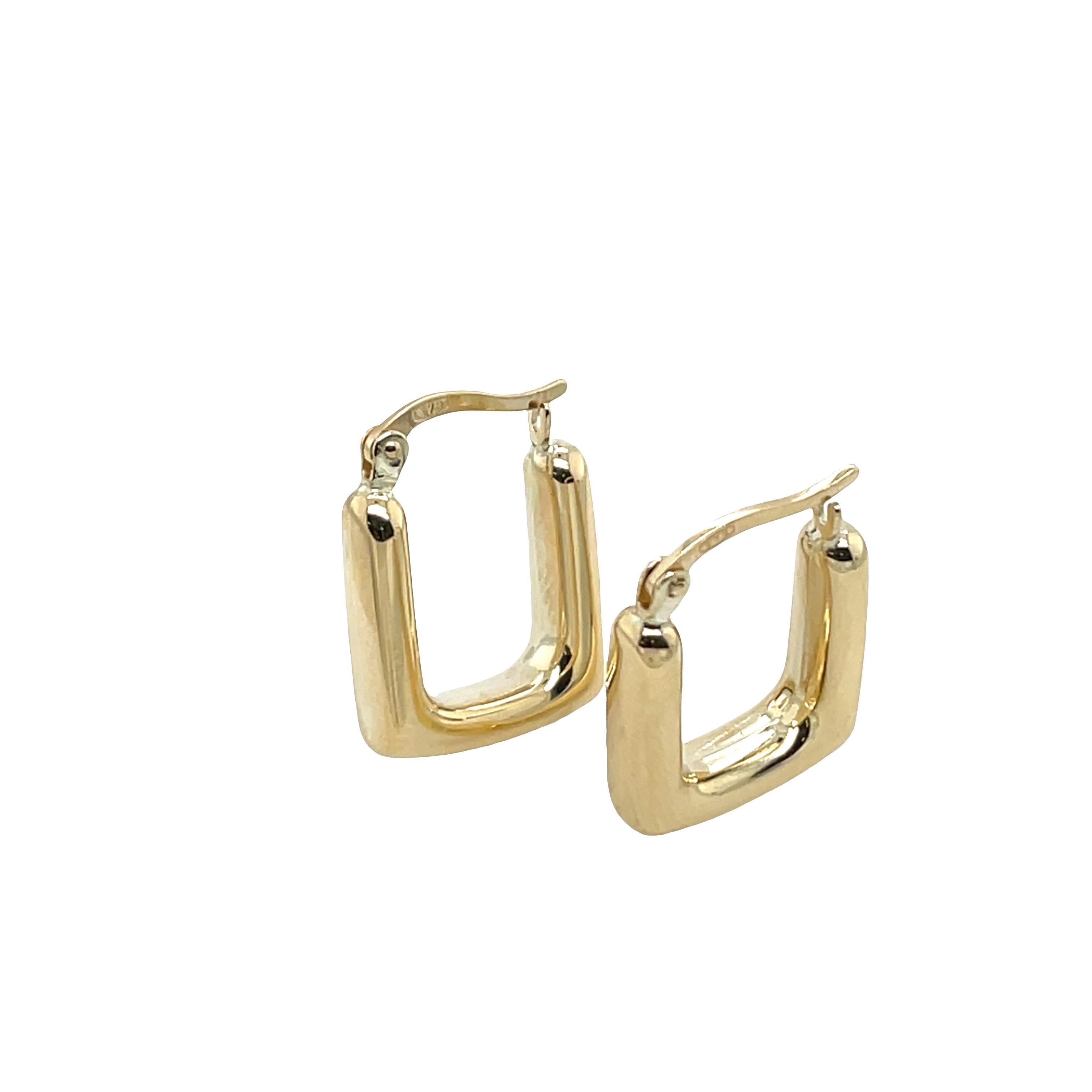 Valorizza il tuo stile con questi straordinari orecchini a cerchio in oro giallo 9 carati.

Il design elegante e angolare aggiunge un tocco contemporaneo, rendendoli un accessorio versatile per ogni occasione.

Geometrico, moderno e