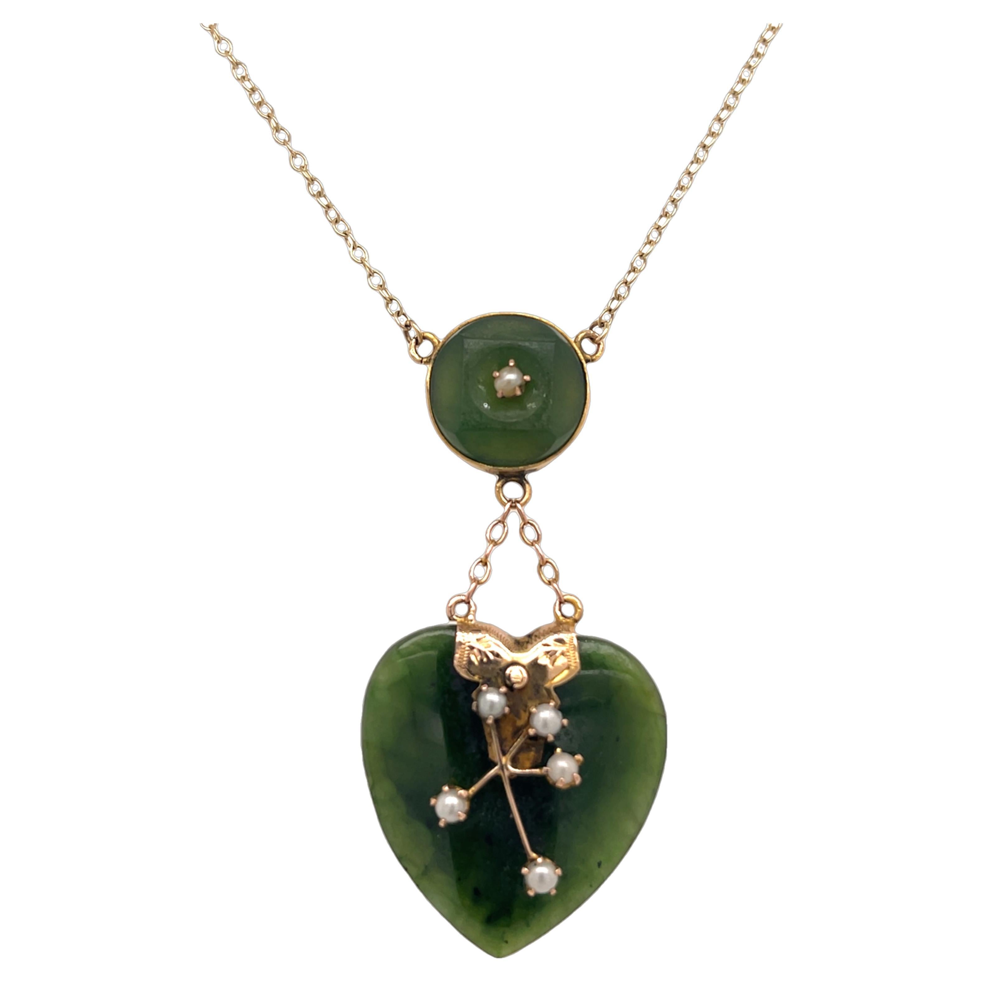 9ct Yellow Gold Jade & Seed Pearls Necklace