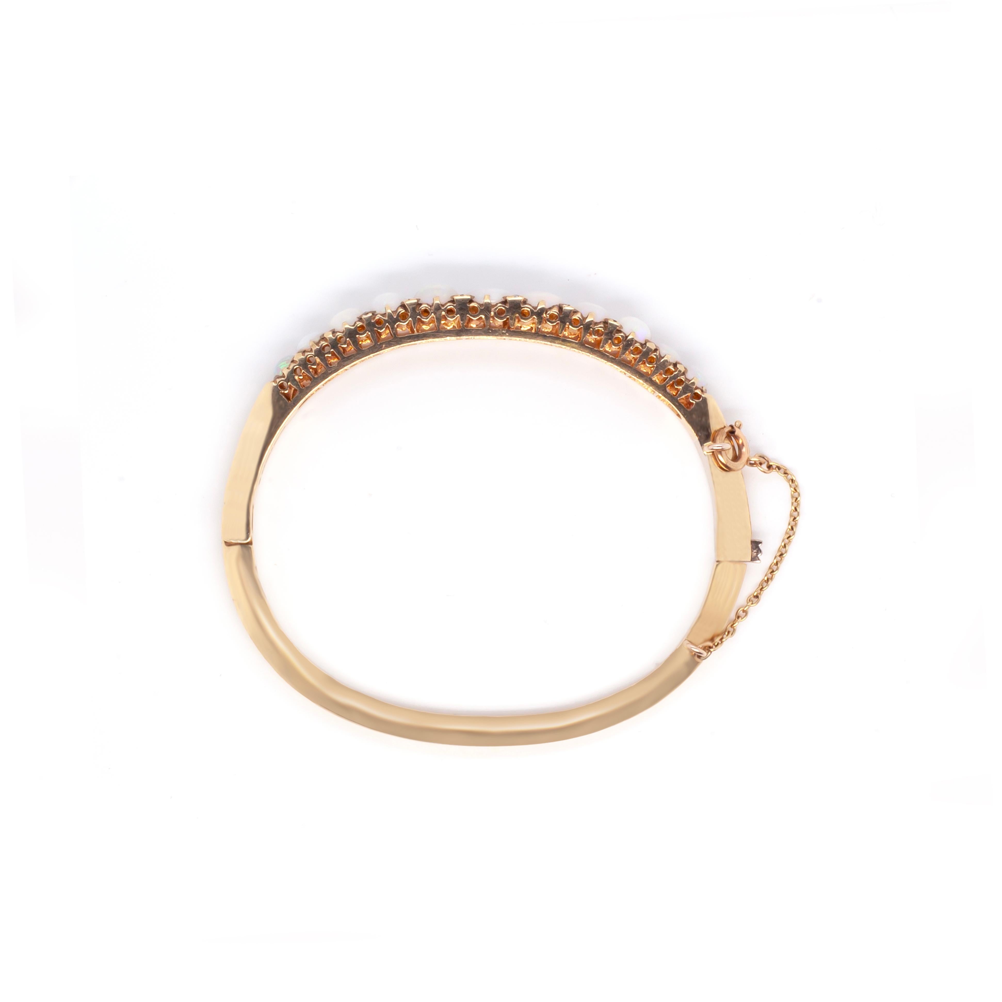 Round Cut 9ct Yellow Gold Opal and Diamond Bangle For Sale
