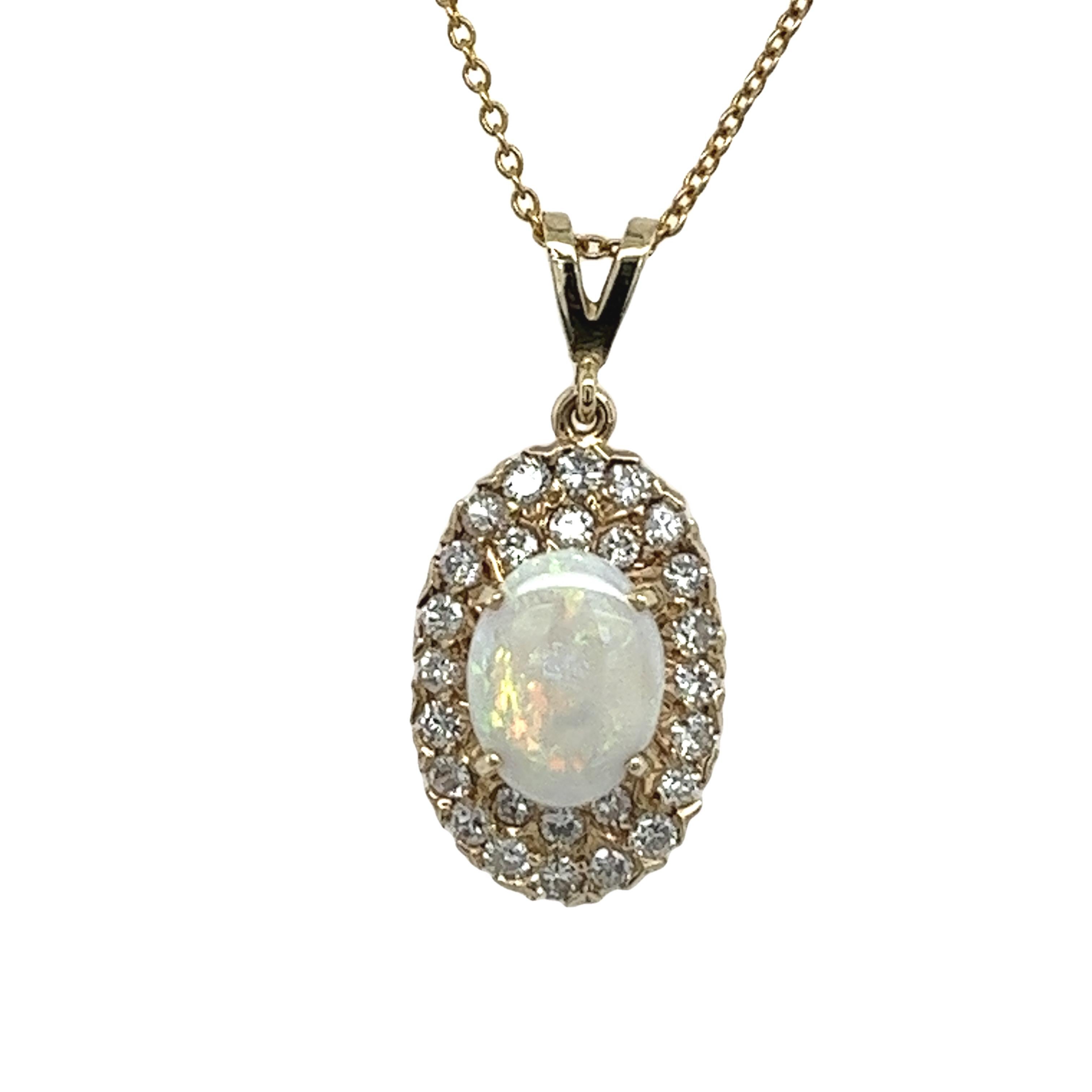 9ct Yellow Gold Opal & Diamond Pendant Suspended from 9ct Yellow Gold Chain