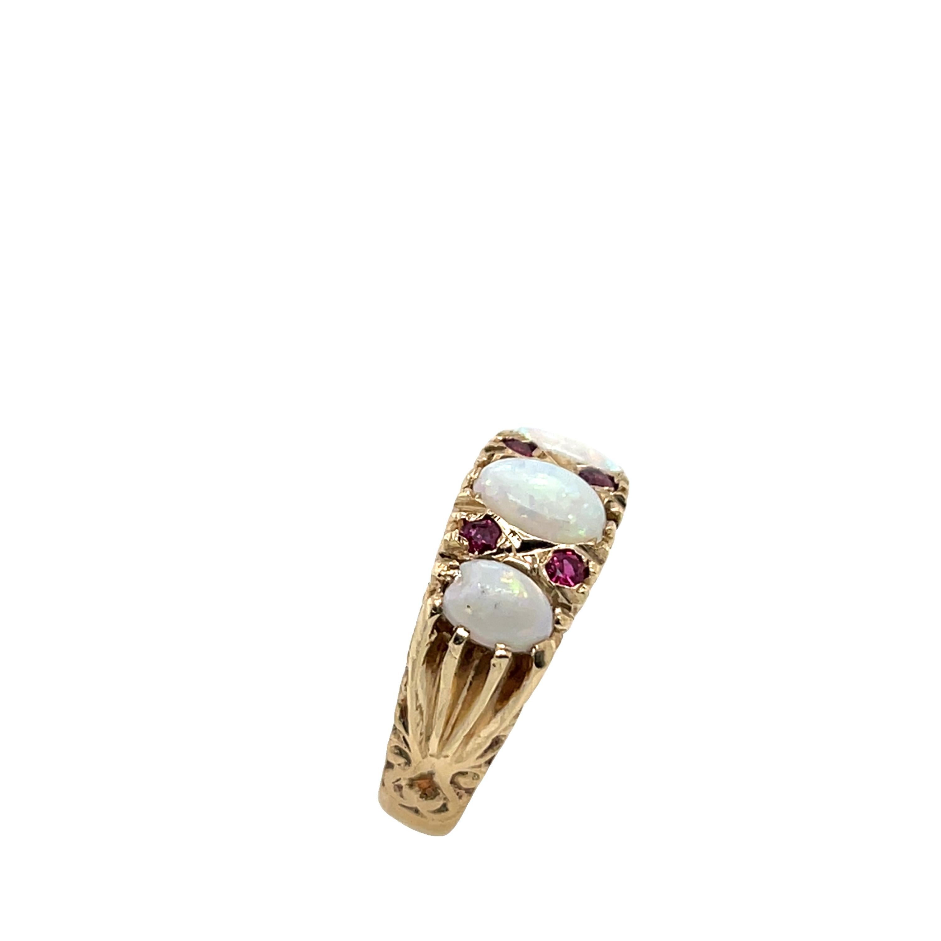 Round Cut 9ct Yellow Gold Opal & Ruby Ring For Sale