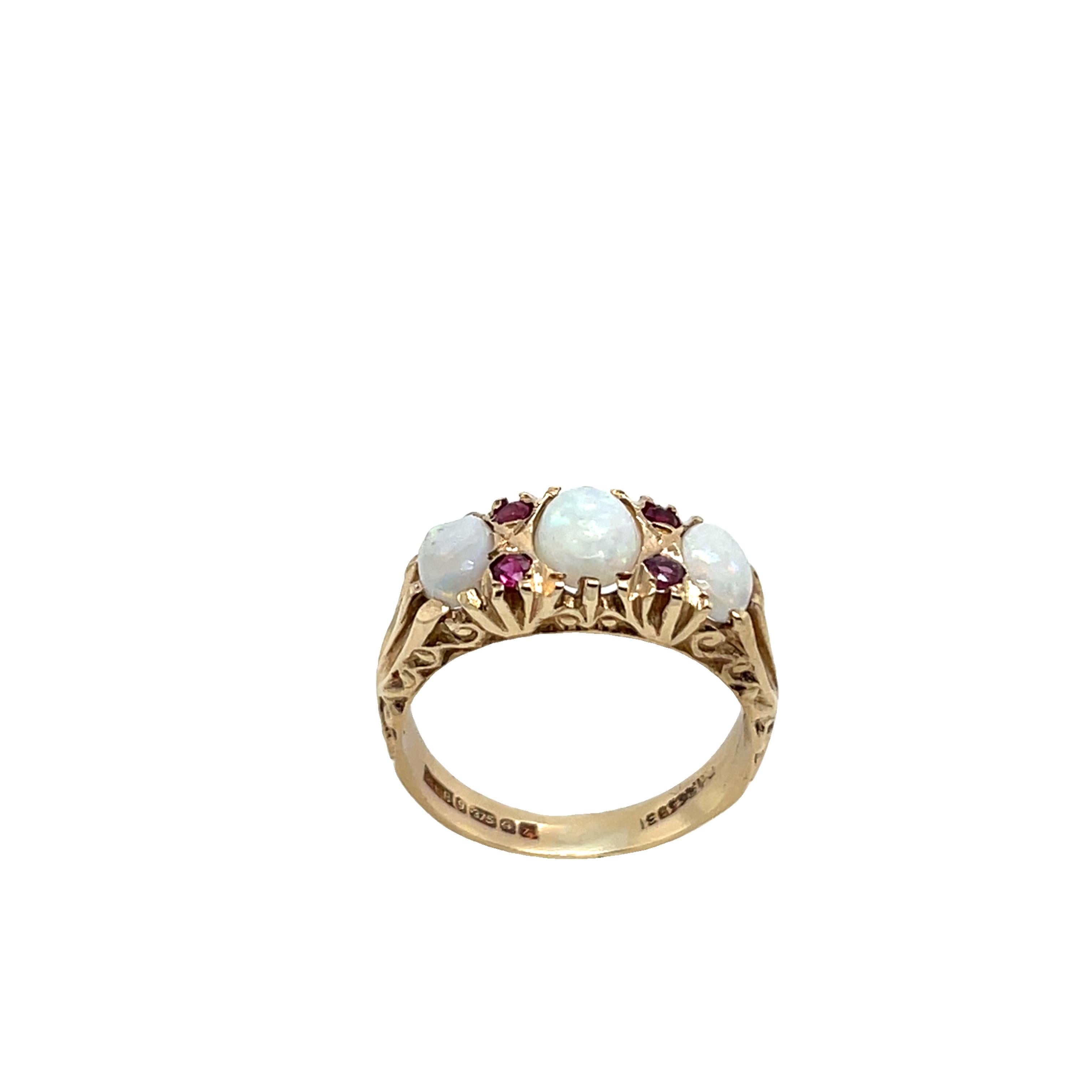 Women's or Men's 9ct Yellow Gold Opal & Ruby Ring For Sale
