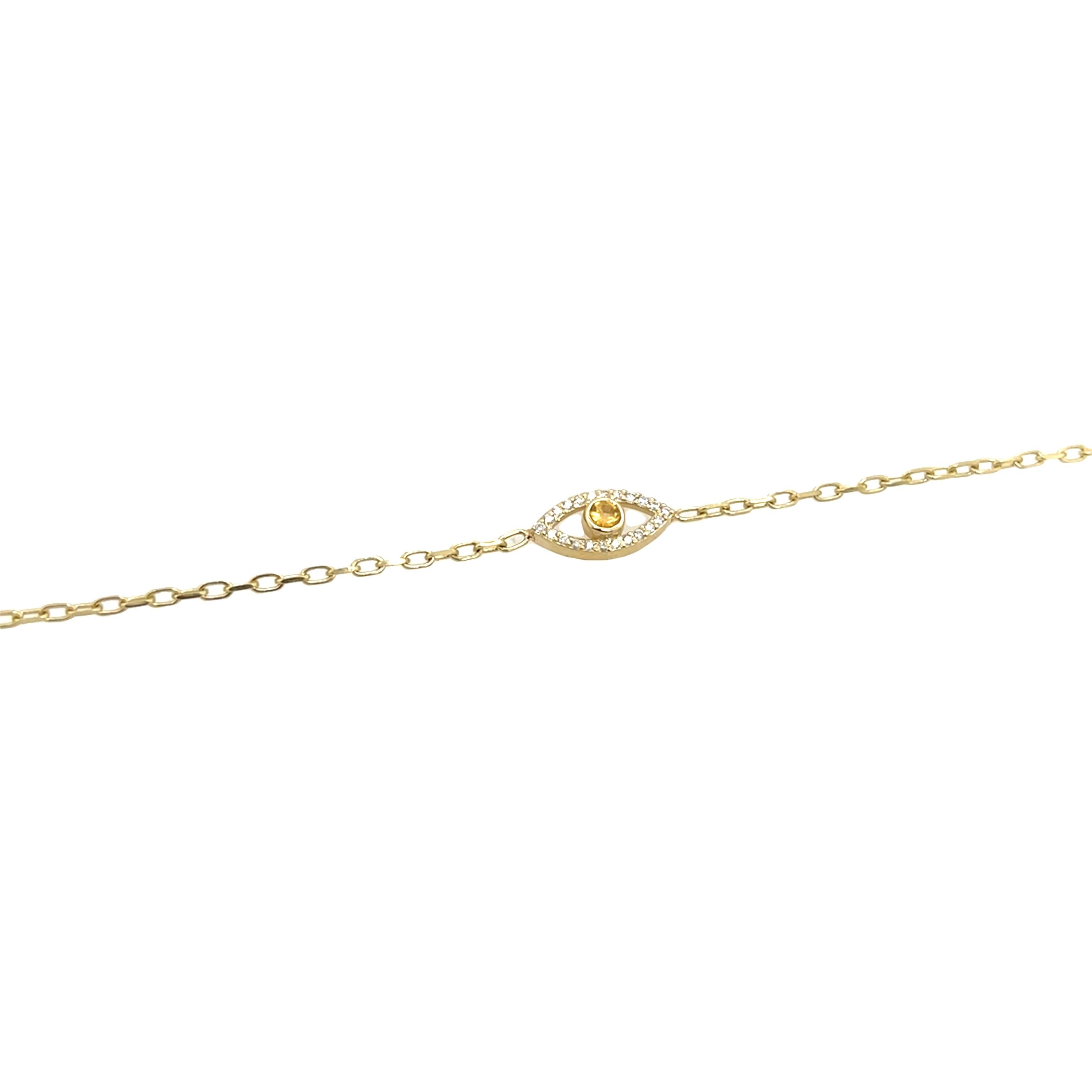 Round Cut 9ct Yellow Gold Peridot Set Evil Eye Bracelet, August Birthstone For Sale
