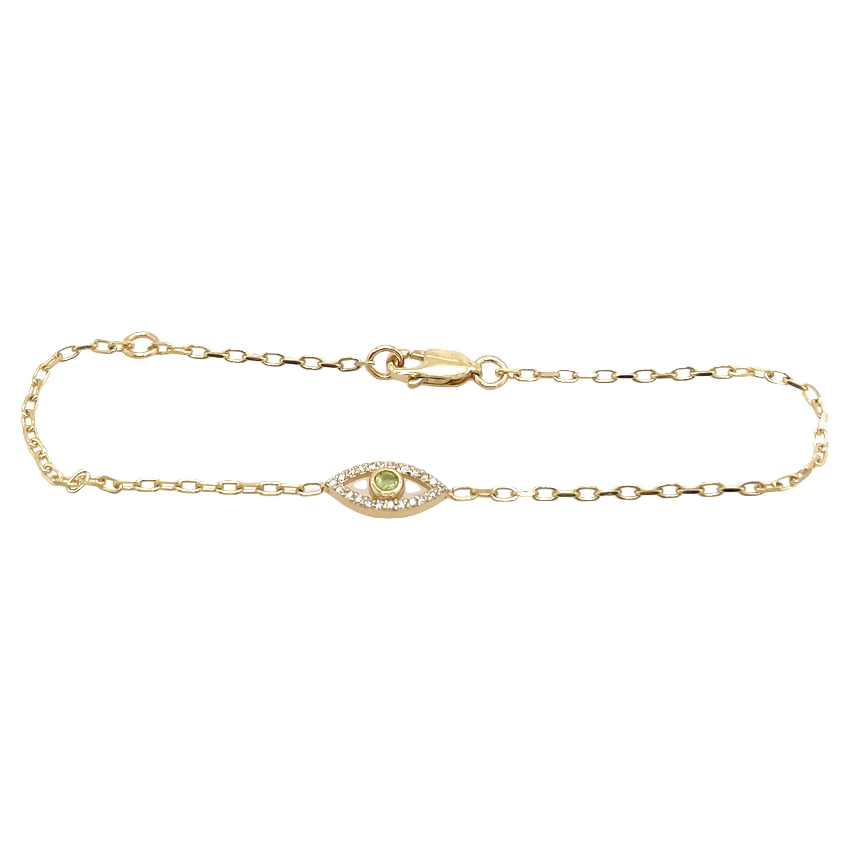 9ct Yellow Gold Peridot Set Evil Eye Bracelet, August Birthstone For Sale