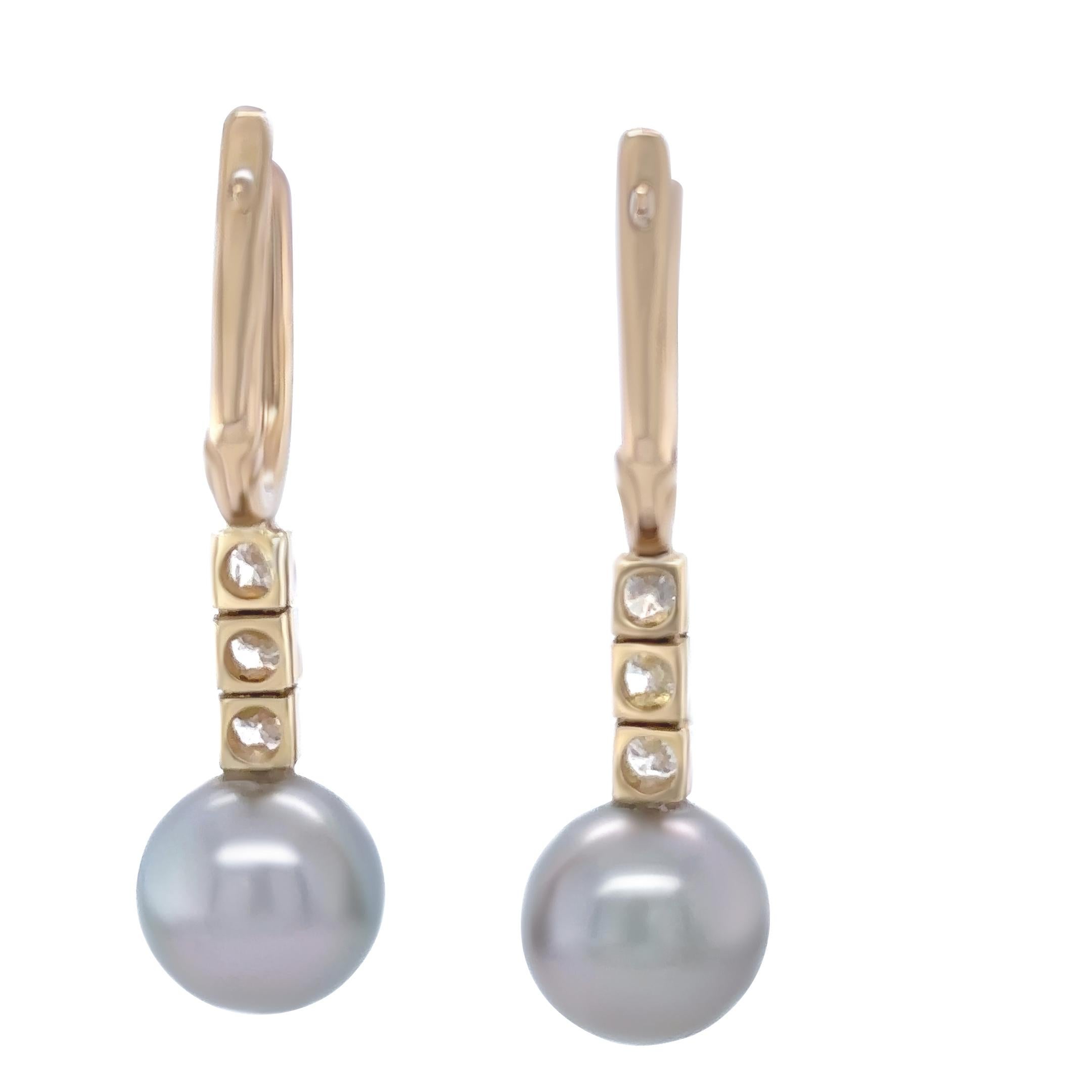 Round Cut 9ct Yellow Gold Tahitian Pearl and Diamond Drop Earrings 0.60ct For Sale