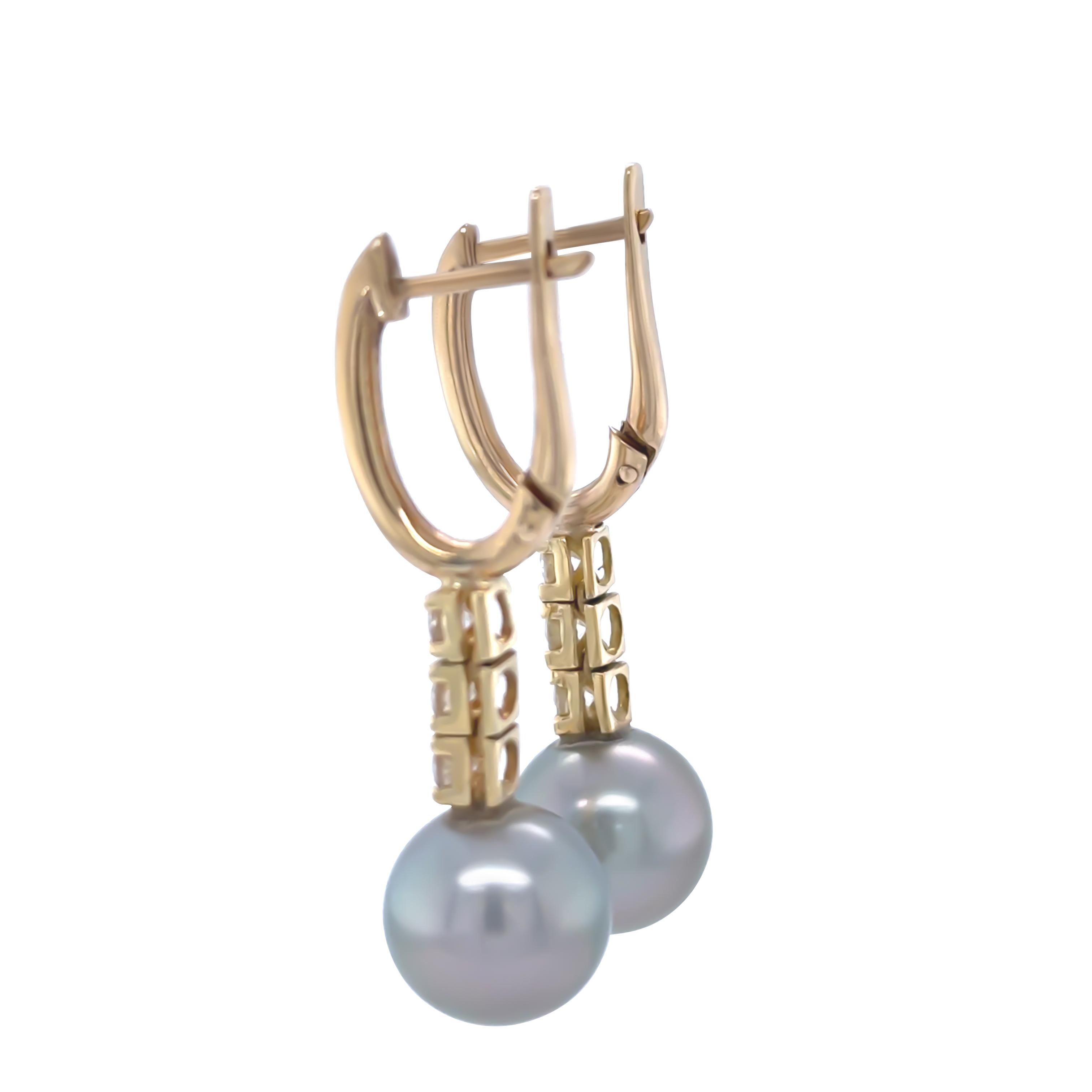 9ct Yellow Gold Tahitian Pearl and Diamond Drop Earrings 0.60ct In Excellent Condition For Sale In SYDNEY, NSW