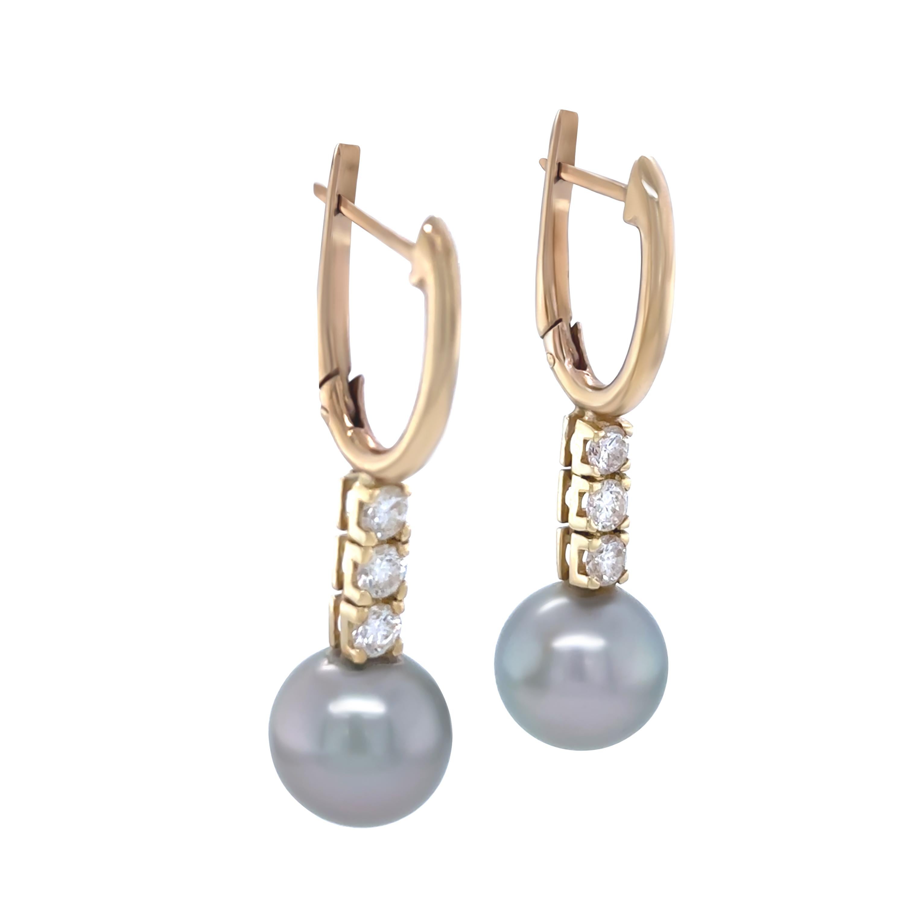Women's 9ct Yellow Gold Tahitian Pearl and Diamond Drop Earrings 0.60ct For Sale