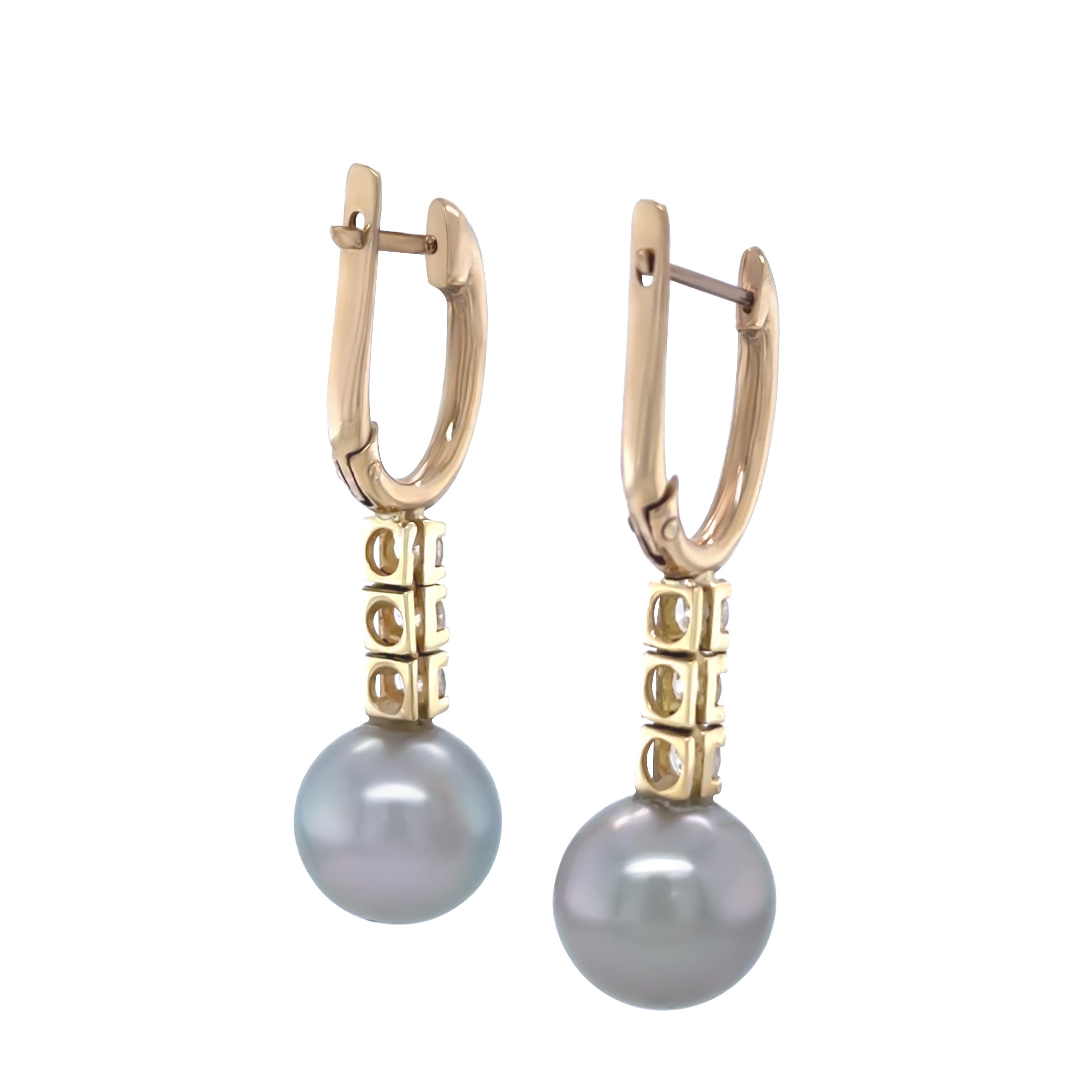 9ct Yellow Gold Tahitian Pearl and Diamond Drop Earrings 0.60ct For Sale 1