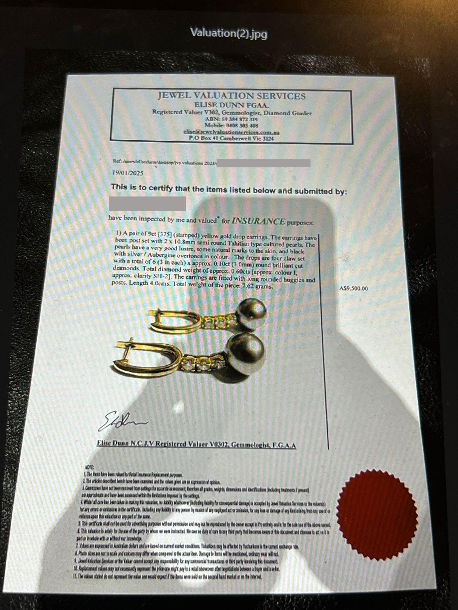 9ct Yellow Gold Tahitian Pearl and Diamond Drop Earrings 0.60ct For Sale 2
