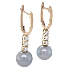 9ct Yellow Gold Tahitian Pearl and Diamond Drop Earrings 0.60ct