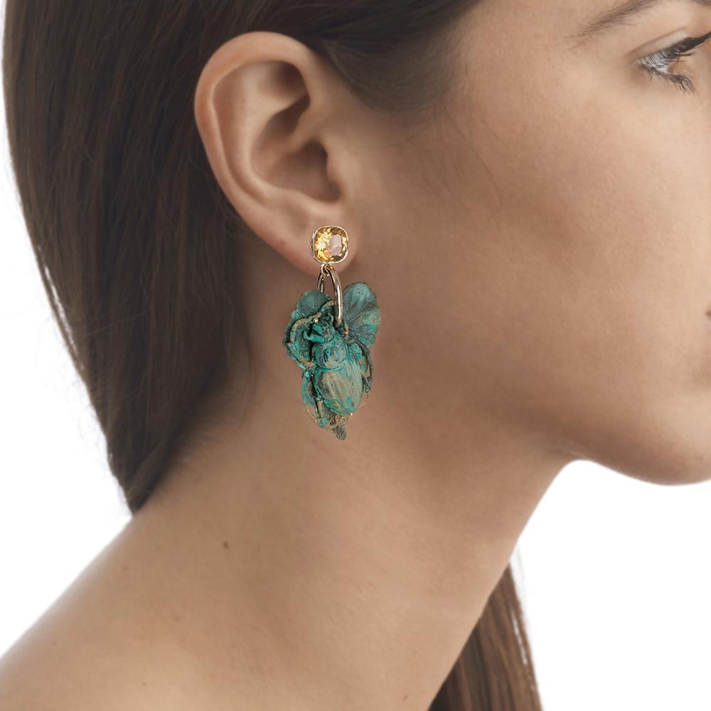 Contemporary 9 Carat Yellow Gold, Verdigris Brass and Citrine Leaf Insect Earrings For Sale