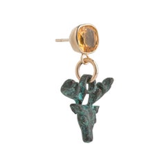 9 Carat Yellow Gold, Verdigris Brass and Citrine Stag Deer Earrings