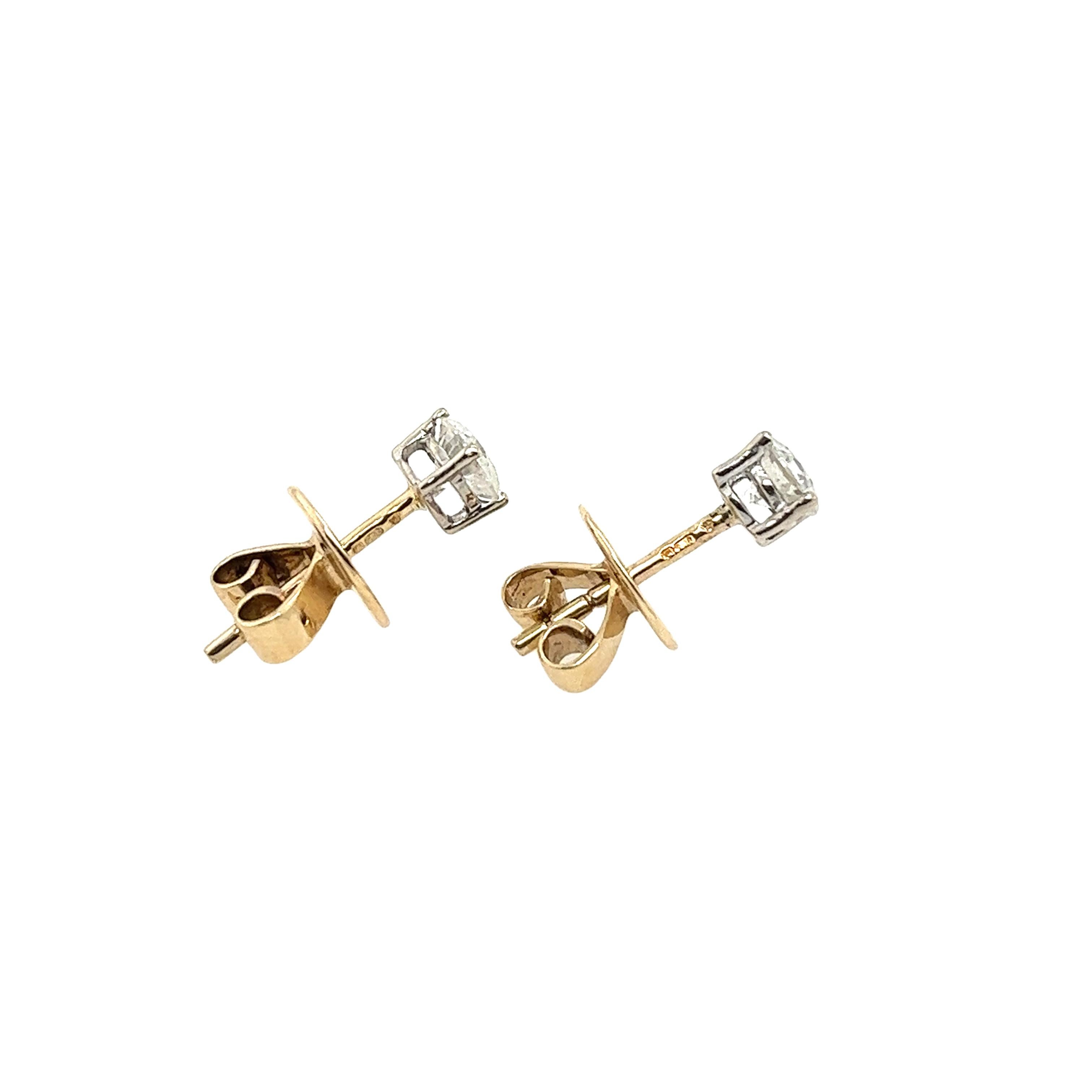 These stunning diamond earrings 
are the perfect pair to add to your collection. 
They are set in 9ct yellow & white gold. 
The pair is set with 2 round brilliant-cut diamonds, 
I-J colour SI3 clarity, with a total diamond weight of 0.65ct.
Total