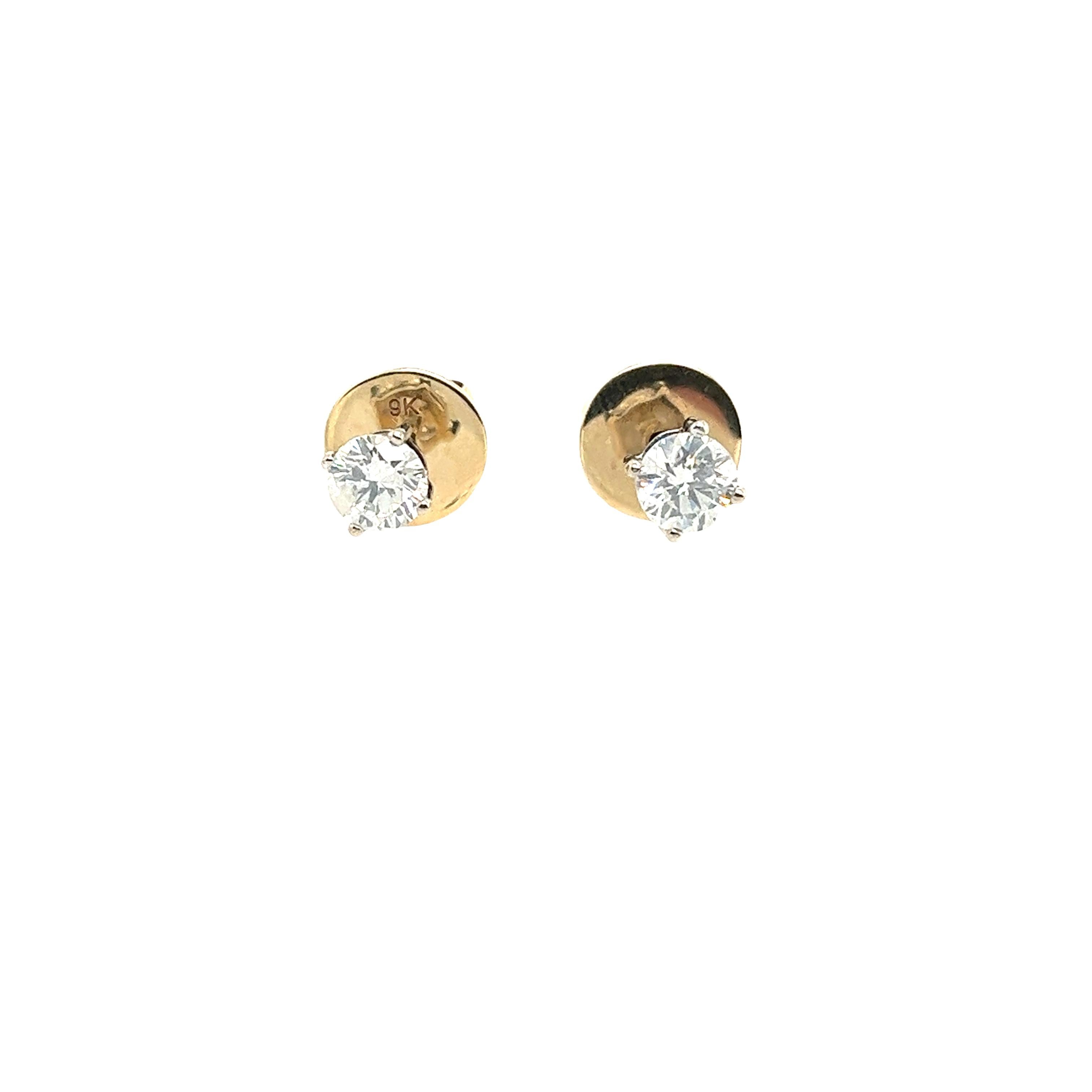 Brilliant Cut 9ct Yellow & White Gold Diamond Stud Earrings, 0.65ct Total Diamond Weight For Sale