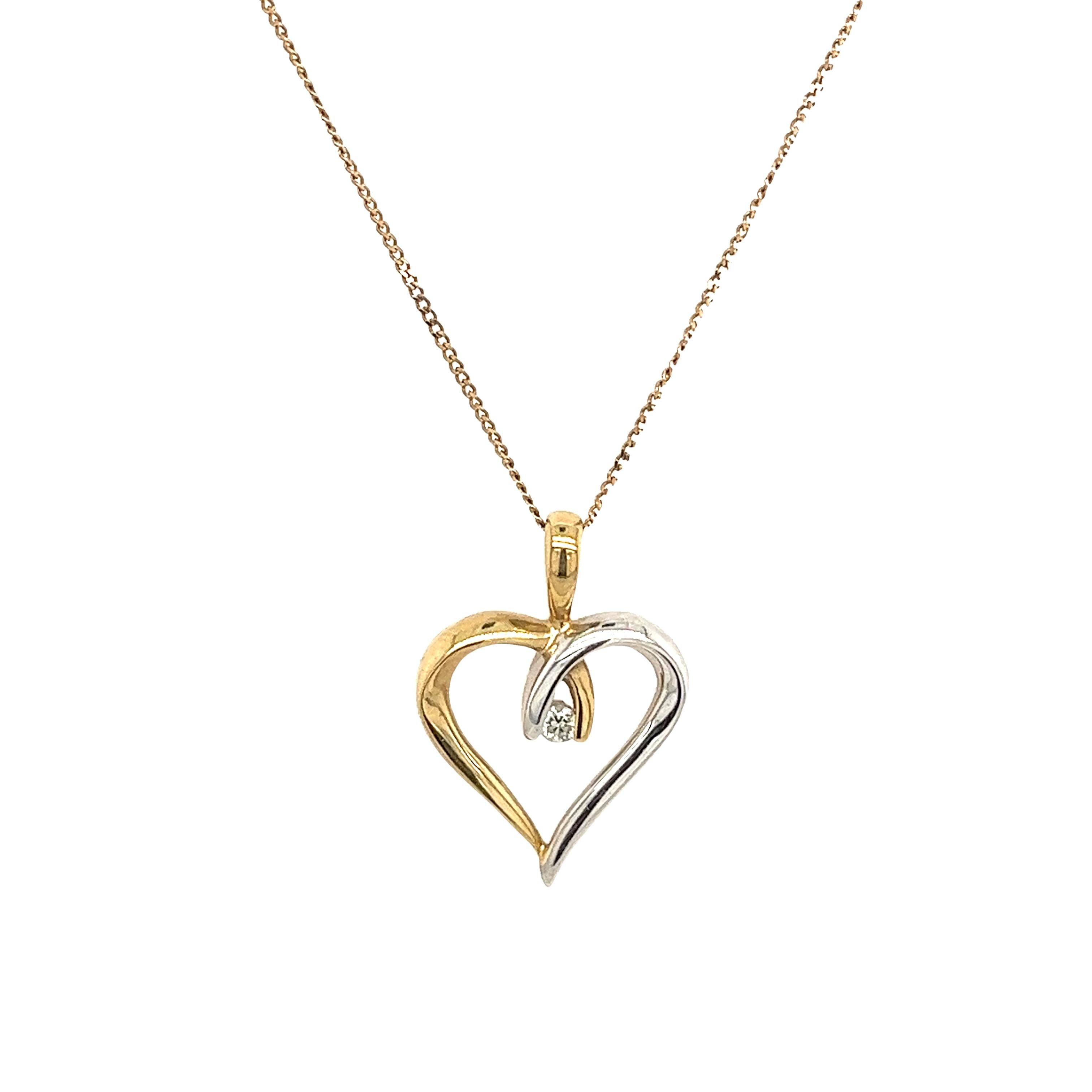 Men's 9ct Yellow & White Gold Heart Shape Pendant Set With 1 Round Diamond, 0.03ct For Sale