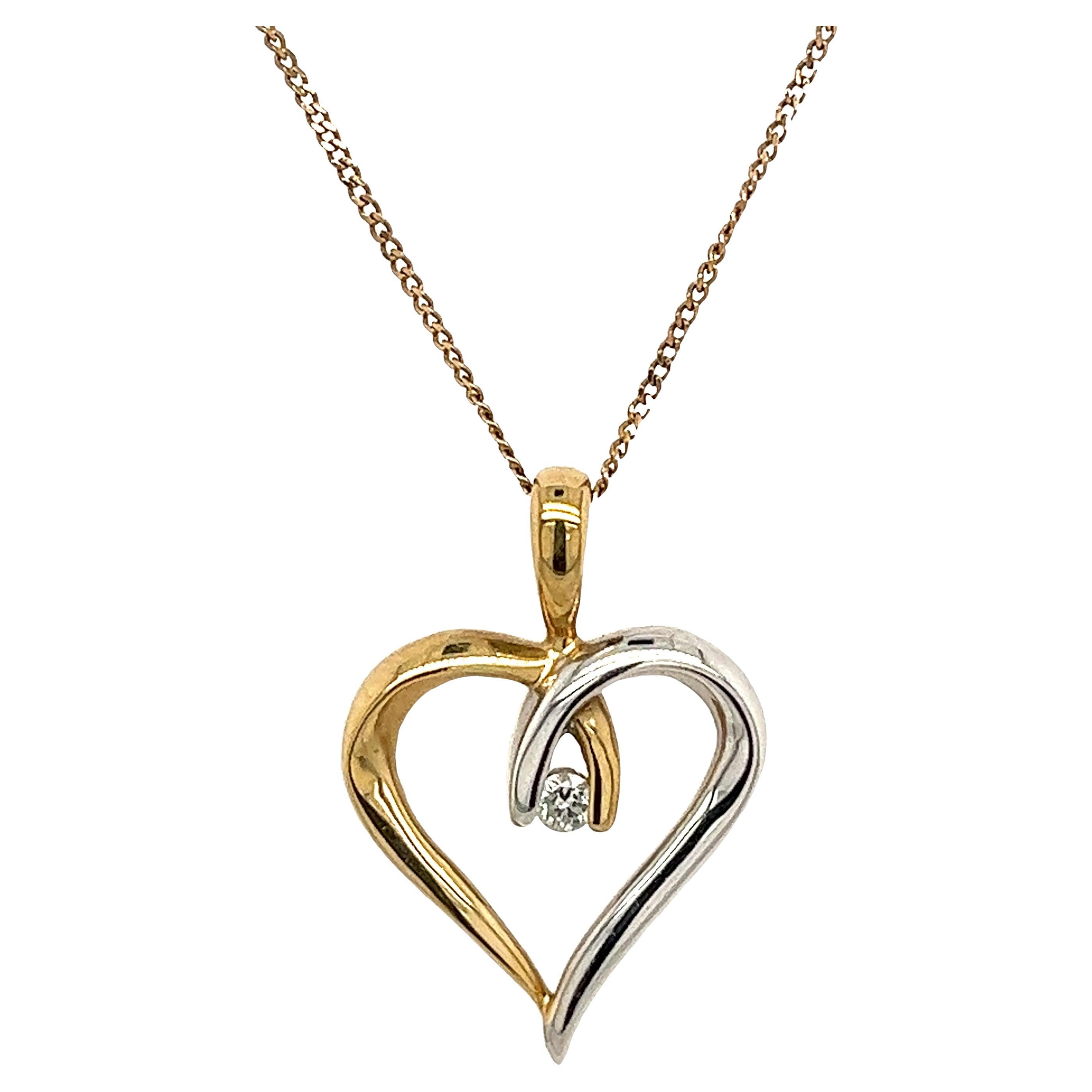 9ct Yellow & White Gold Heart Shape Pendant Set With 1 Round Diamond, 0.03ct For Sale