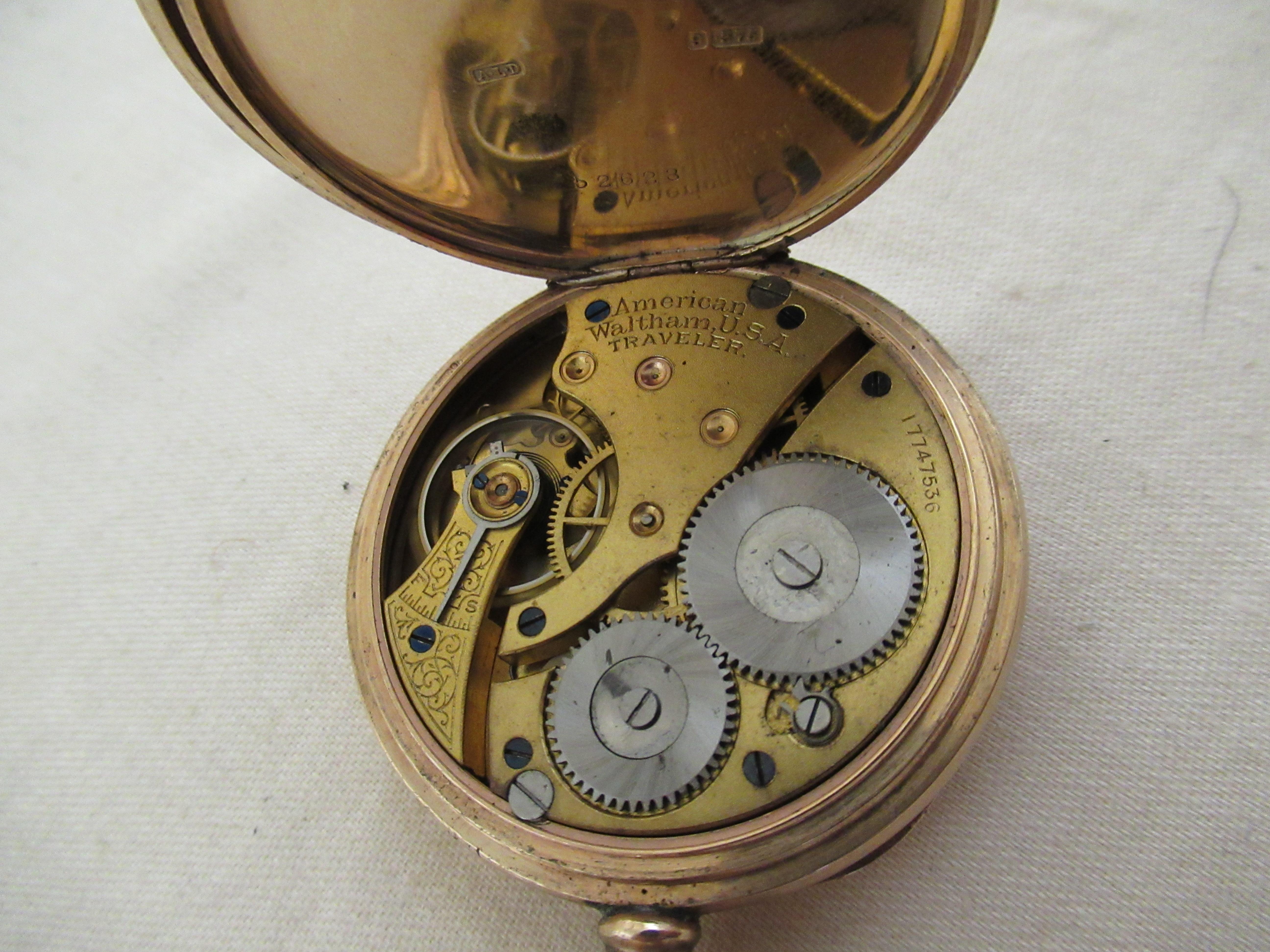 9ct.GOLD PRESENTATION OPEN FACED POCKET WATCH - WALTHAM TRAVELER - datiert: 1913 (amerikanisch) im Angebot