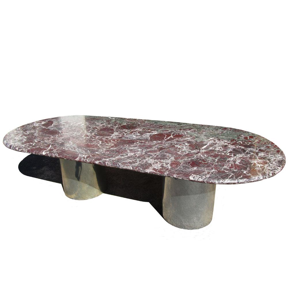 Rich green and red Levanto Italian marble scattered with white veining on 2 weighted chrome bases.

Ideal for a conference room or dining.

2 piece top
108