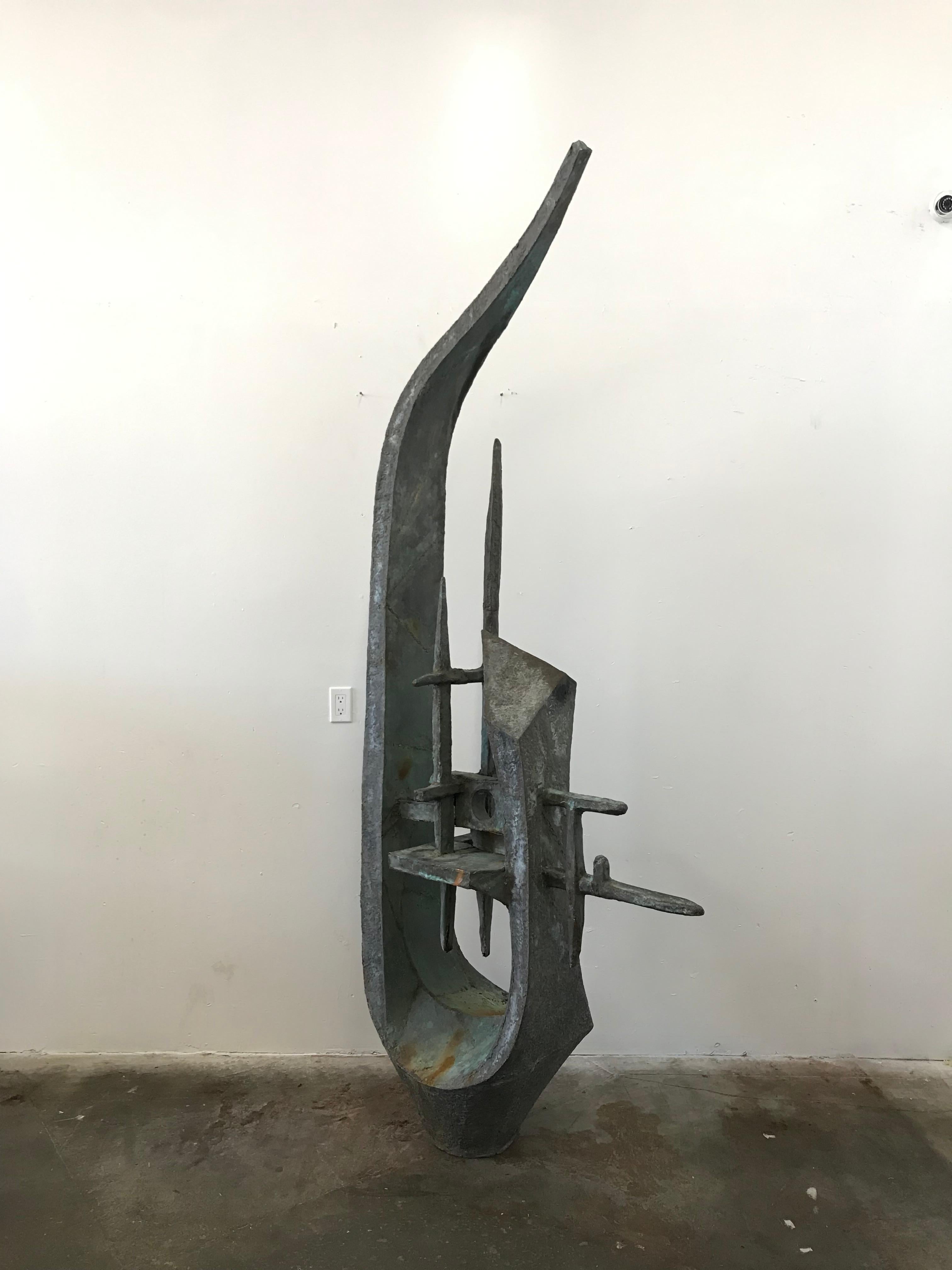 A towering vintage torch cut brutalist style sculpture. Impressive in scale, this modernist standing sculpture is mysteriously brutal and abstract. 9ft tall made of thick copper, shaped and welded.