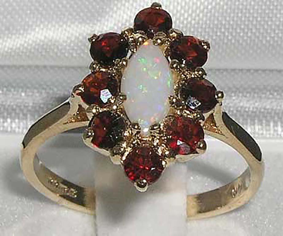 For Sale:  9K English Yellow Gold Marquise Natural Opal & Garnet Ring 2