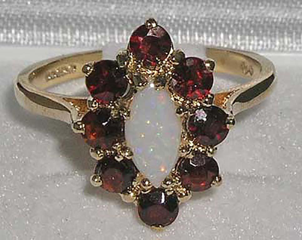 For Sale:  9K English Yellow Gold Marquise Natural Opal & Garnet Ring 4