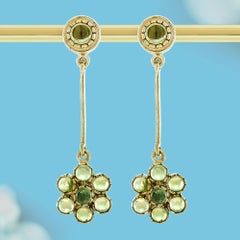 9K Glod Natural Cabochon Peridot Vintage Style Floral Cluster Drop Earrings