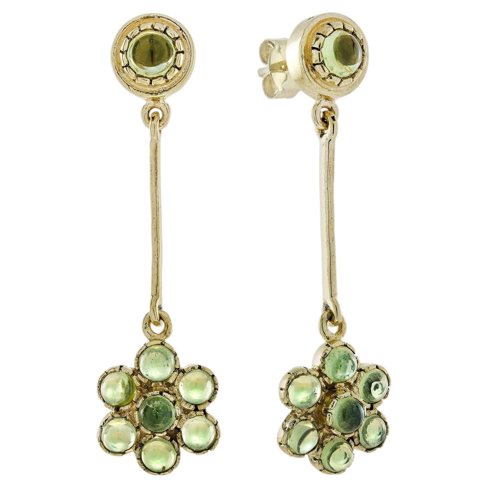 9K Glod Natural Cabochon Peridot Vintage Style Floral Cluster Drop Earrings For Sale