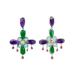 9K Gold Amethyst Green Onyx Blue Topaz Pink Tourmaline Chandelier Earrings