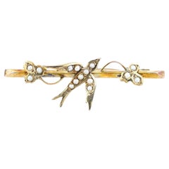 Vintage 9K Gold And Pearls Bird Design Jewelry Brooch