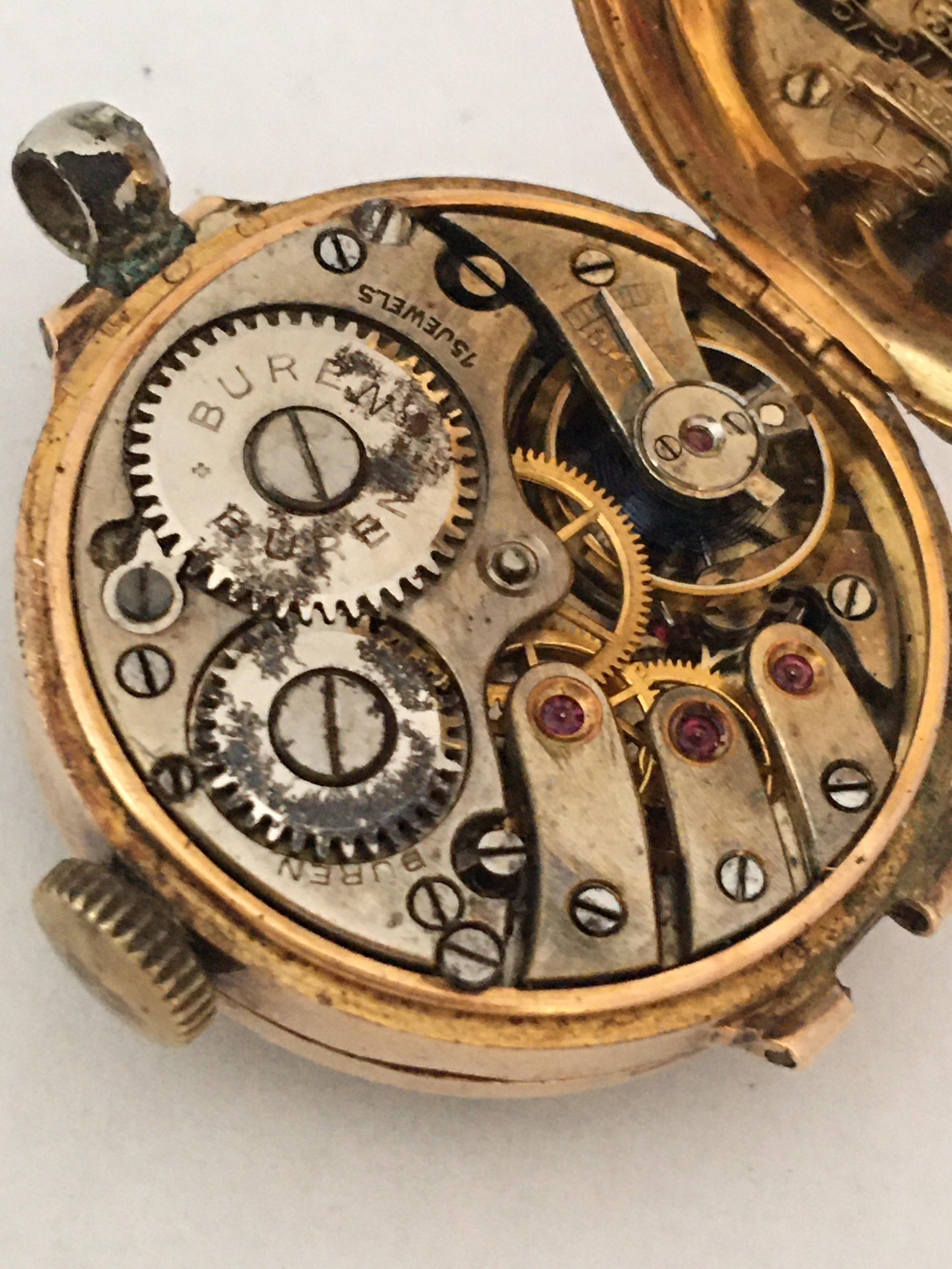9 Karat Gold Antique Buren Mechanical Ladies Trench Watch / Pendant Watch In Good Condition For Sale In Carlisle, GB