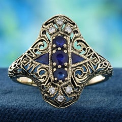 9K Gold Blue Sapphire and Diamond Vintage Style Filigree Three Stone Ring