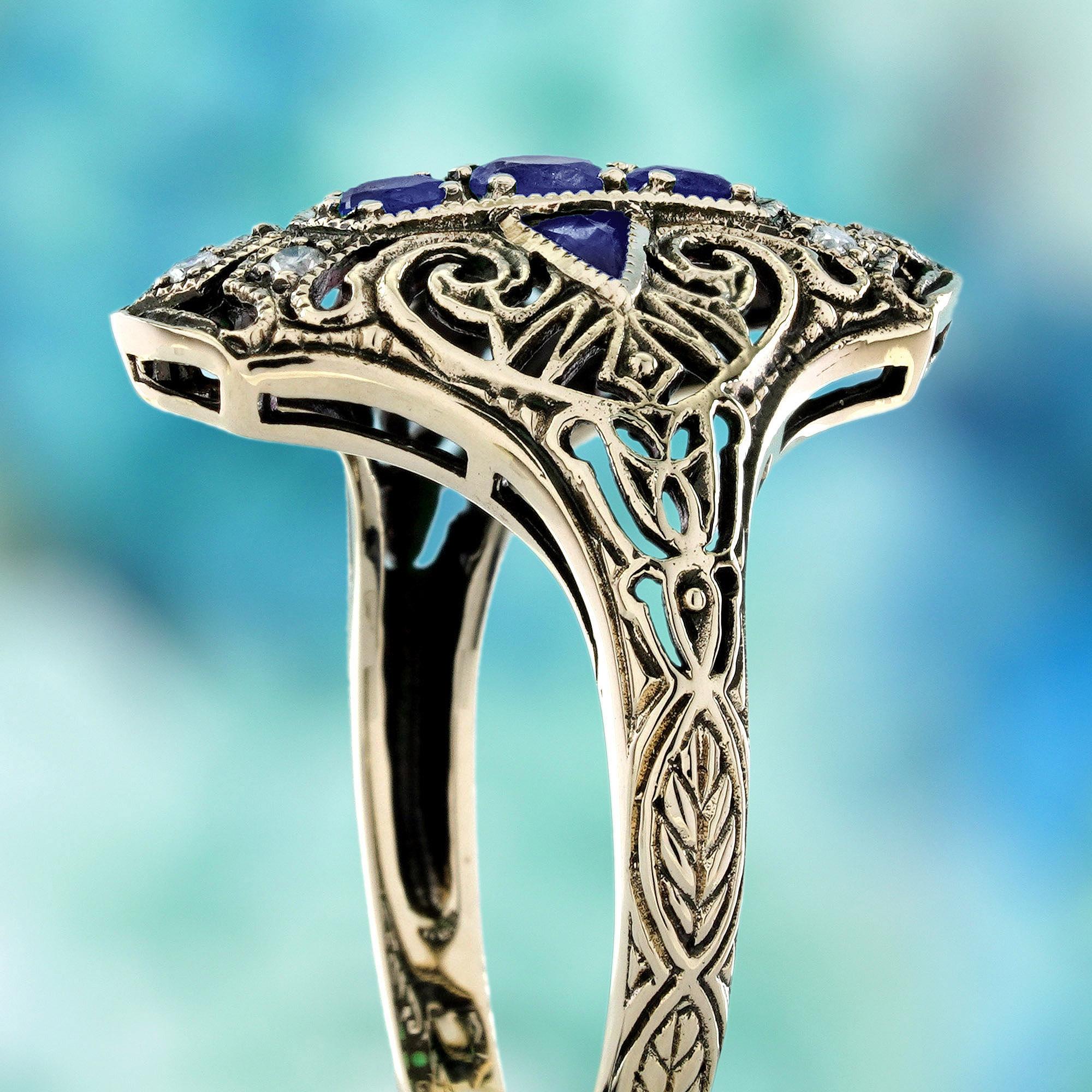 9K Gold Blauer Saphir und Diamant Vintage Style Filigraner Drei Stein Ring Damen im Angebot