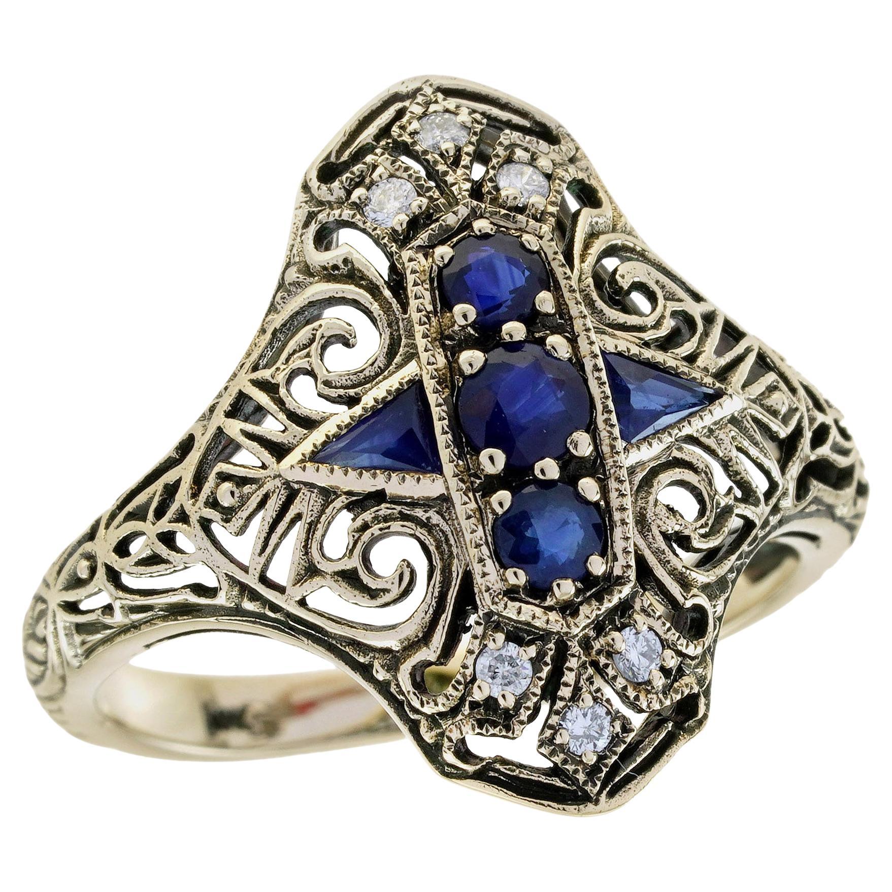 Bague à trois pierres en or 9K, saphir bleu et diamant, style vintage filigrané