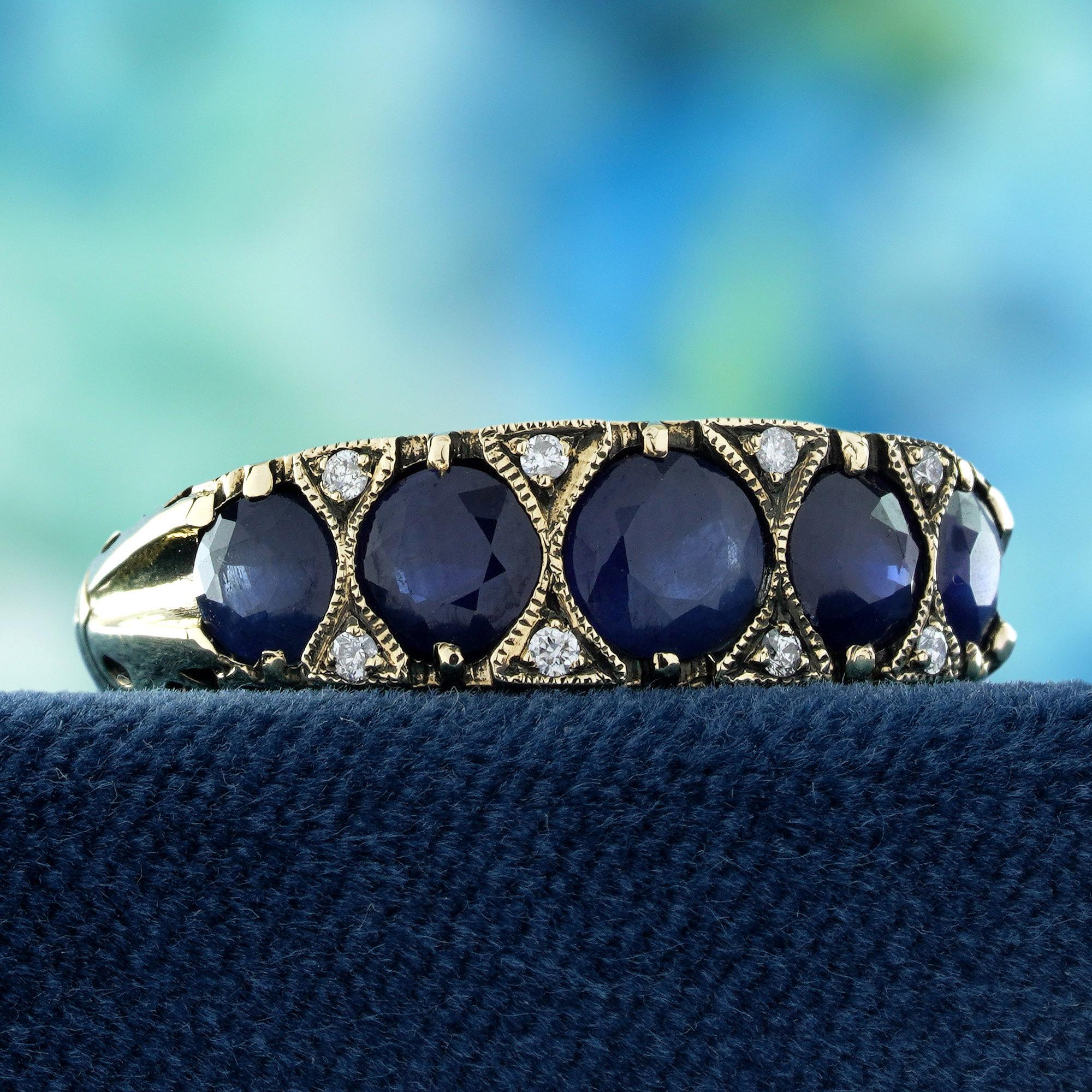 9K Gold Blauer Saphir und Diamant Vintage Style  Fünf-Stein-Ring (Edwardian) im Angebot
