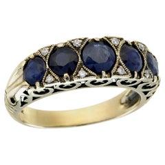 Or 9K saphir bleu et diamant style vintage  Bague à cinq pierres
