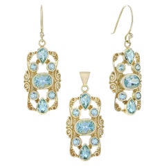 Set di gioielli con ciondolo e orecchini in stile vittoriano in oro blu Topazio 9K