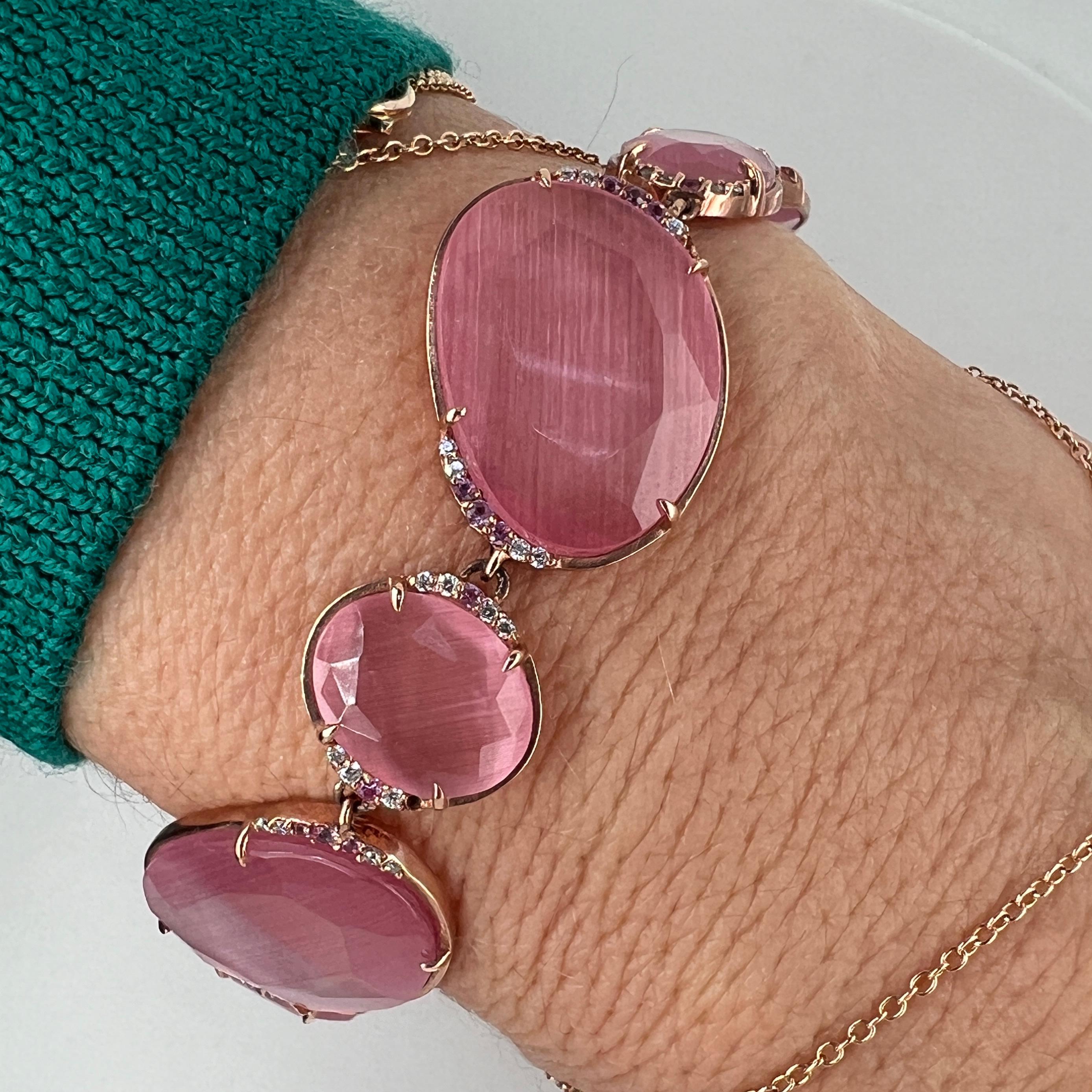 The Optic Chic Collection bracelet is a unique piece crafted using only the finest materials. It features a 9kt gold body with white natural diamonds, doublets of Optic Fiber & Rock crystal & pink sapphires . The pink optic fiber and rock crystal