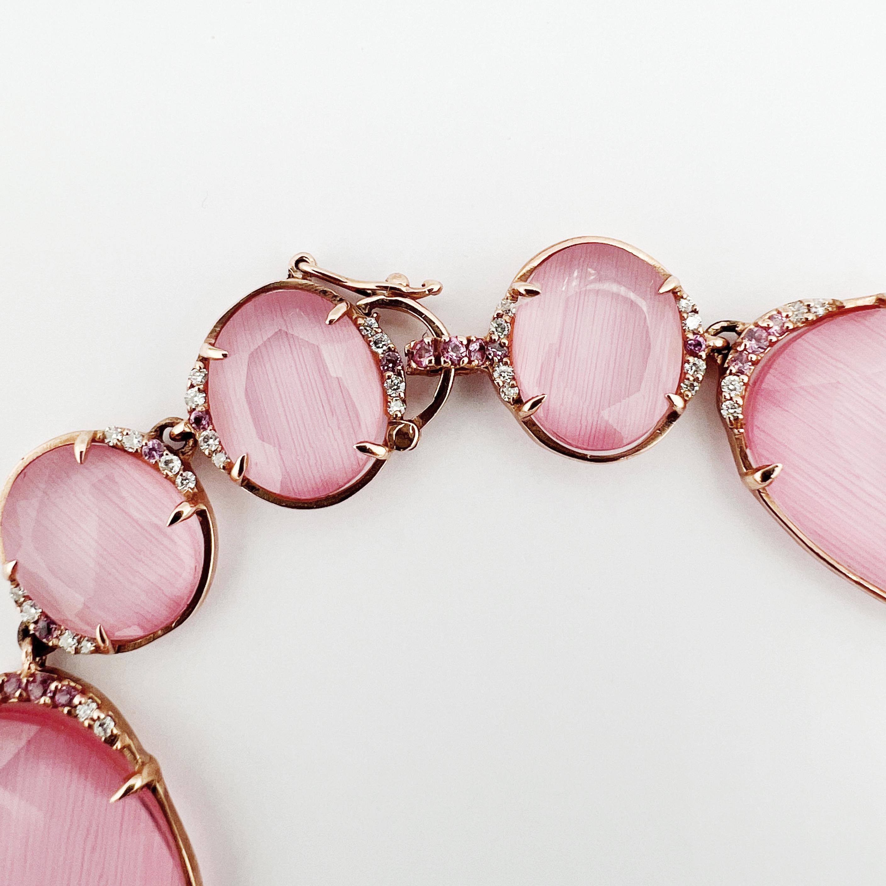 Modern 9k gold Bracelet in doublets (rock crystal & fiber) in pink sapphires & diamonds For Sale