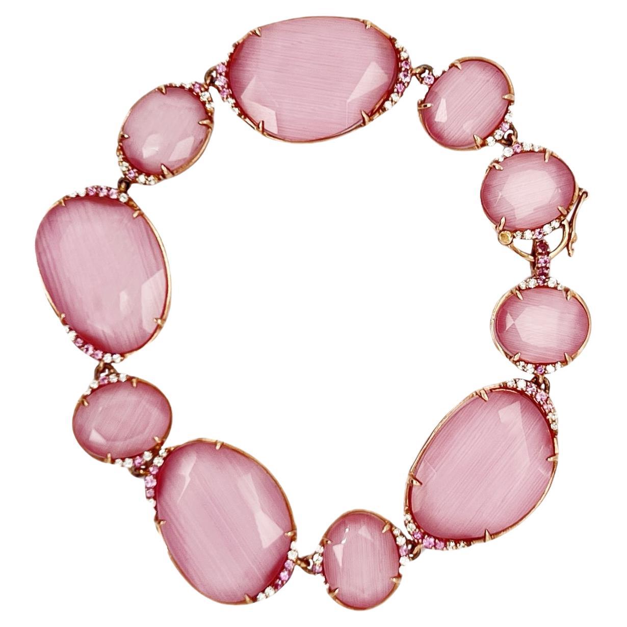 9k gold Bracelet in doublets (rock crystal & fiber) in pink sapphires & diamonds