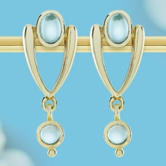 9K Gold Cabochon Blue Topaz Vintage Style Drop Earrings