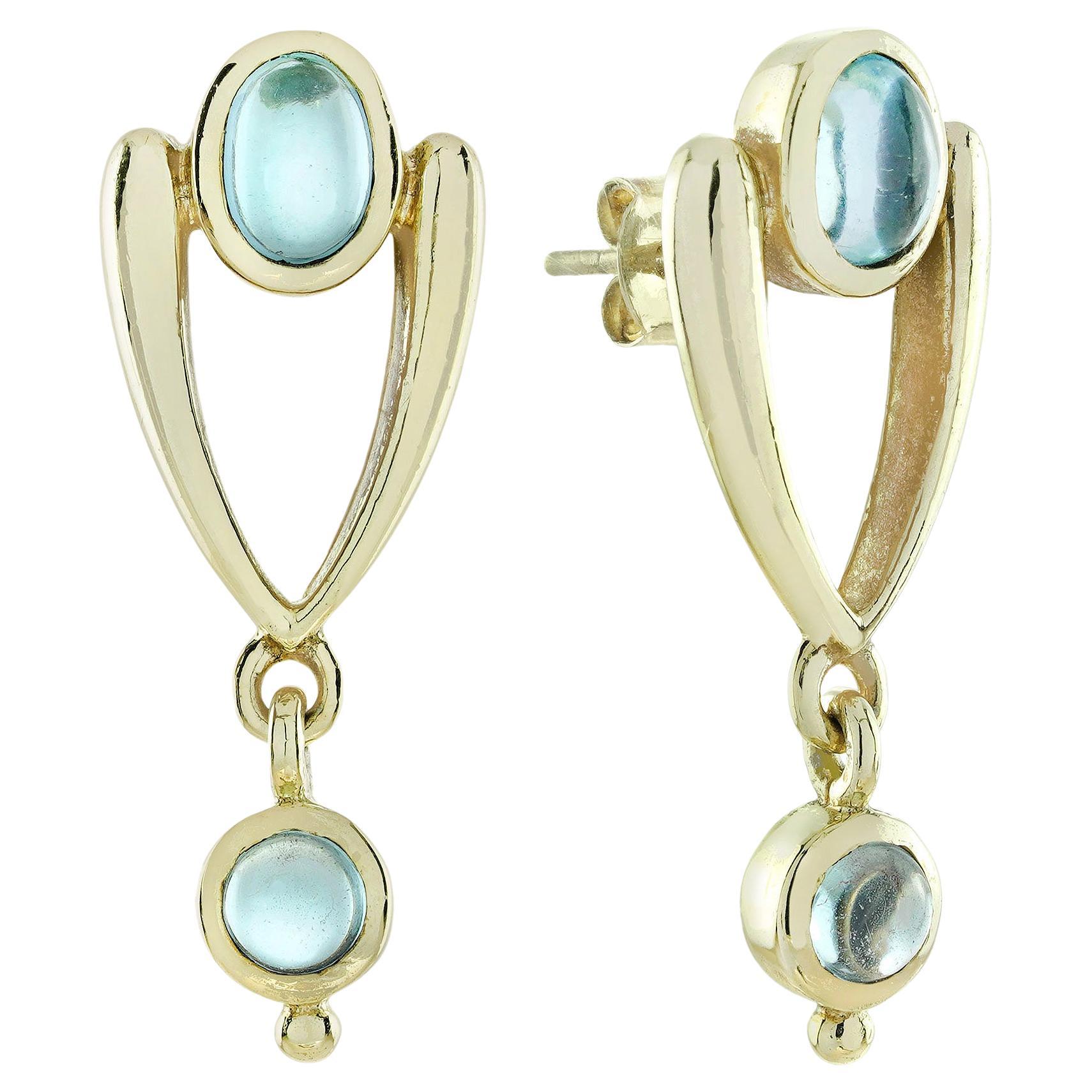 Orecchini a goccia in oro 9K con topazio blu cabochon in stile vintage