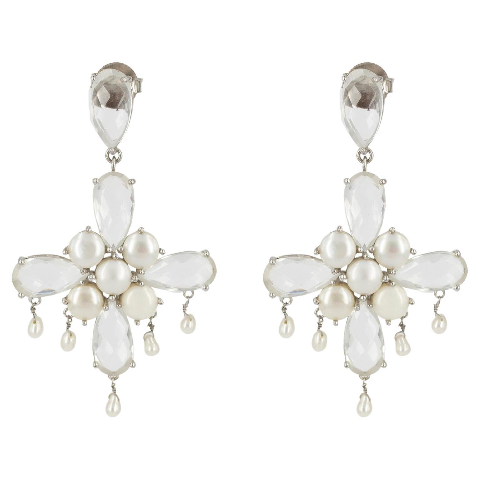 9K Gold Clear Quartz and Pearl Chandelier Earrings For Sale