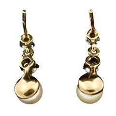 9K Gold Cream Cultured Pearl and Rhinestone Drop Earrings