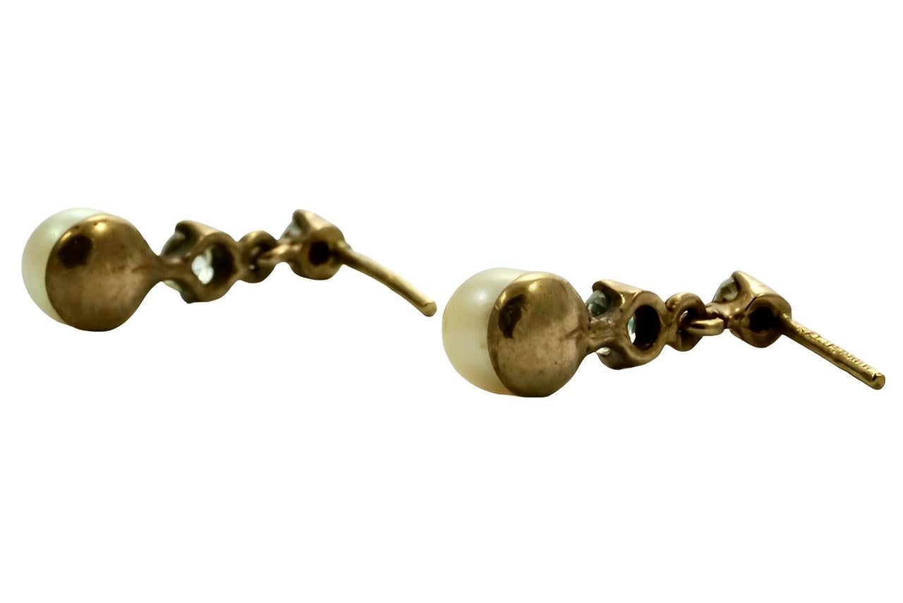 Boucles d'oreilles pendantes en or 9K avec perles de culture crème et strass Unisexe en vente
