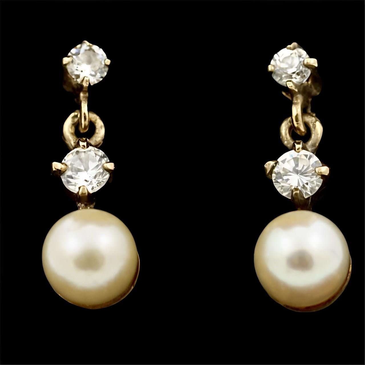 9K Gold Cream Cultured Pearl and Rhinestone Drop Earrings For Sale 2