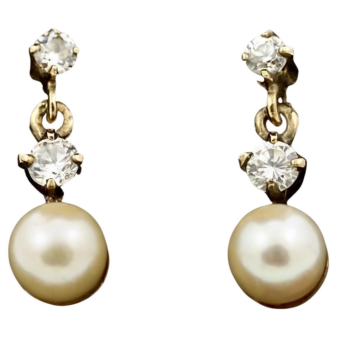 9K Gold Cream Cultured Pearl and Rhinestone Drop Earrings For Sale