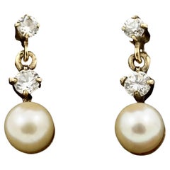 9K Gold Cream Cultured Pearl and Rhinestone Drop Earrings