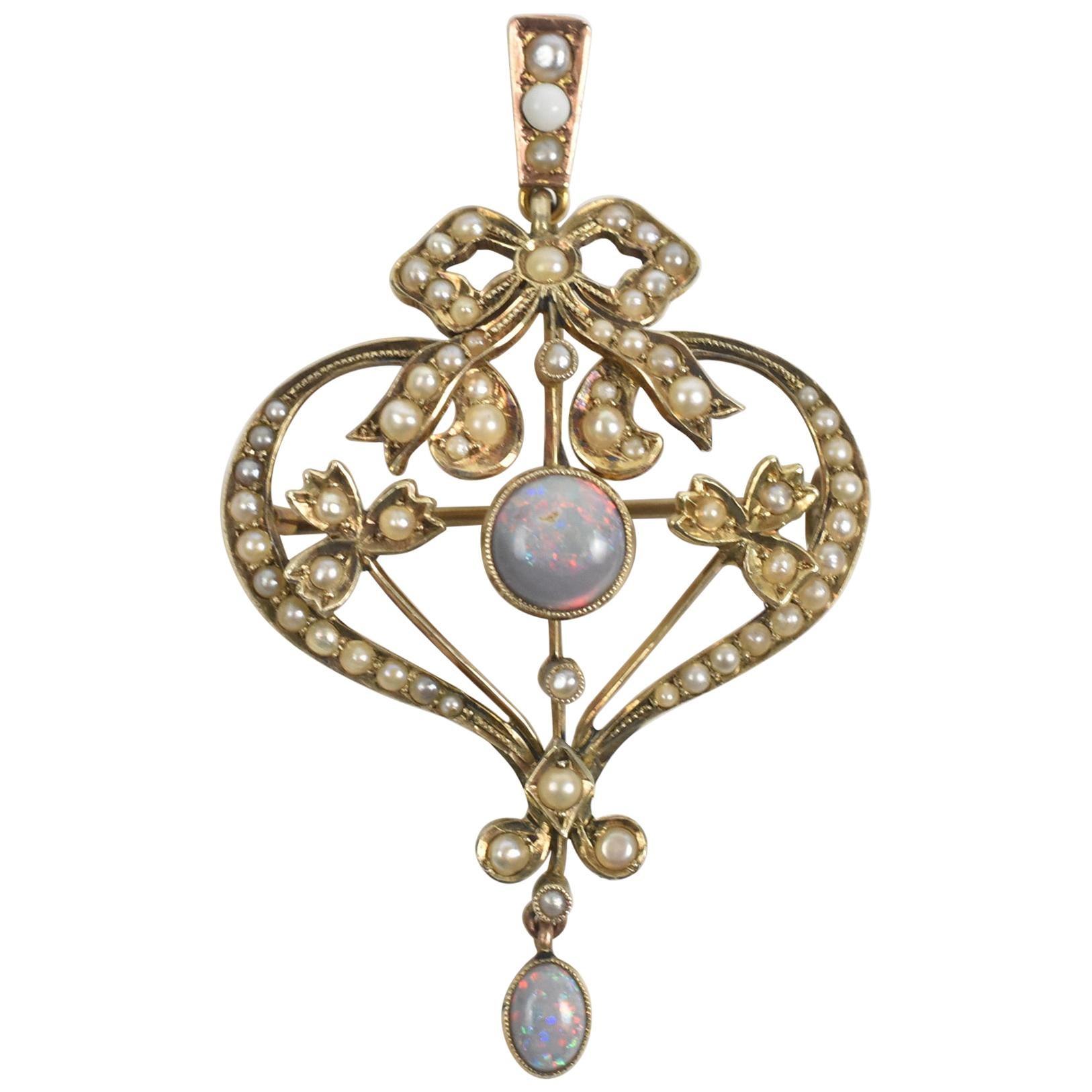 9-Karat Gold Edwardian Brooch or Pendant with Opals and Seed Pearl Accents