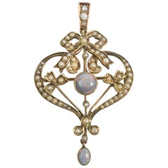 Antique 9-Karat Gold Edwardian Brooch or Pendant with Opals and Seed Pearl Accents